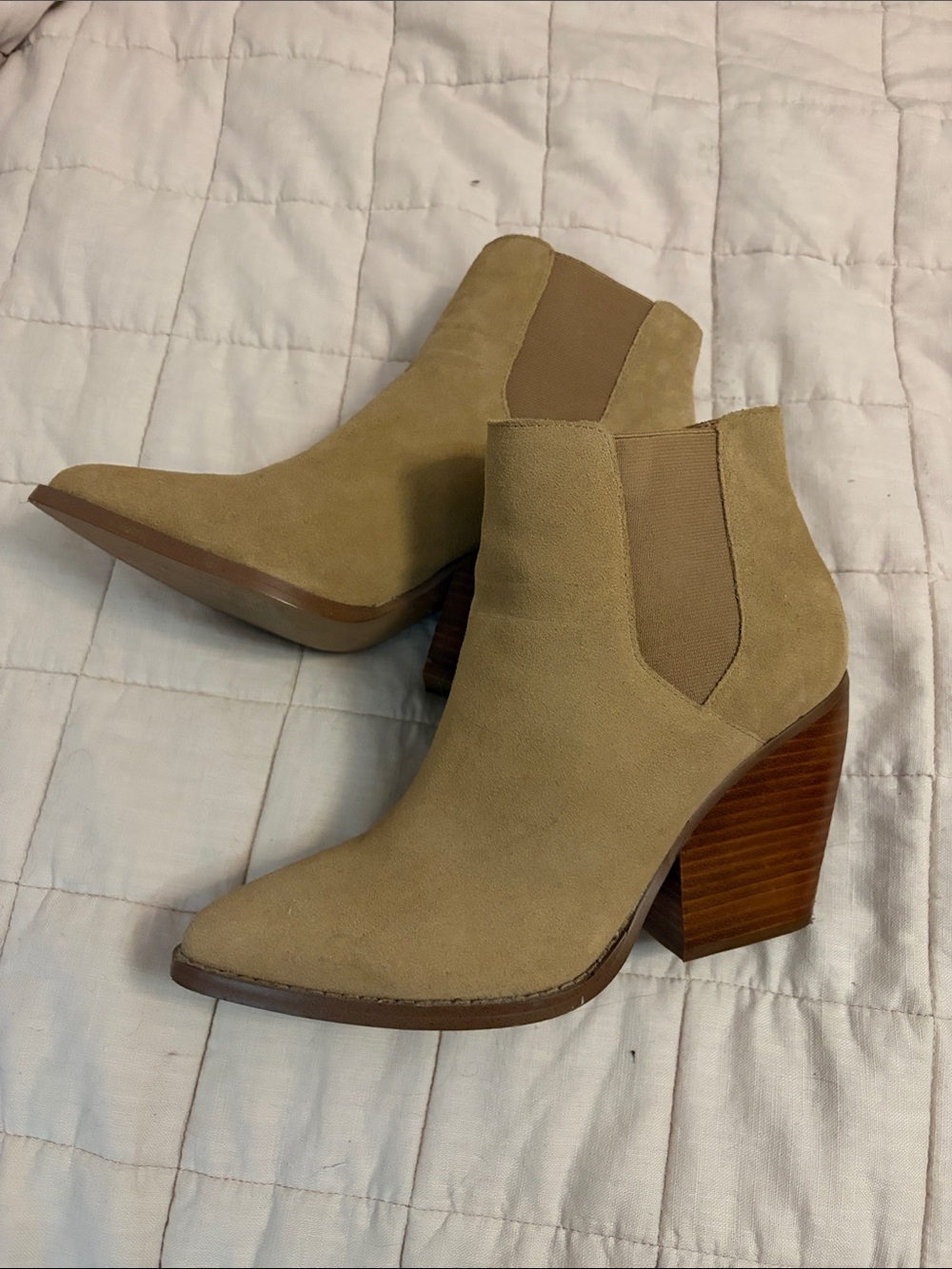 bp Beige Suede Chelsea Ankle Boots with Stacked Block Heel